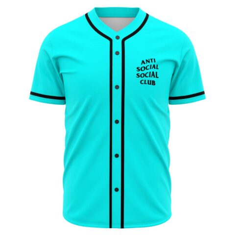 Bright turquoise rave baseball jersey with black trim and Anti Social Social Club text