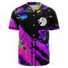 Black baseball jersey, front view, neon psychedelic liquid swirl print, white lion emblem