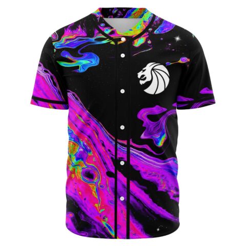 Black baseball jersey, front view, neon psychedelic liquid swirl print, white lion emblem