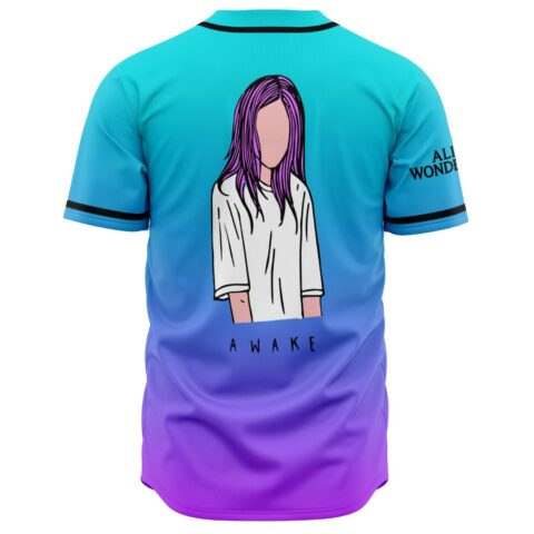 Purple haired cartoon figure graphic with the word AWAKE on cyan purple gradient jersey back