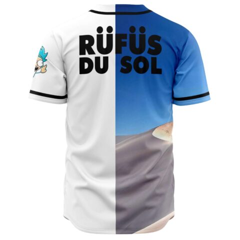 Back view of split blue and white jersey with bold lettering over desert dune print