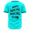 Turquoise rave baseball jersey back view with bold Anti Social Social Club lettering across shoulders