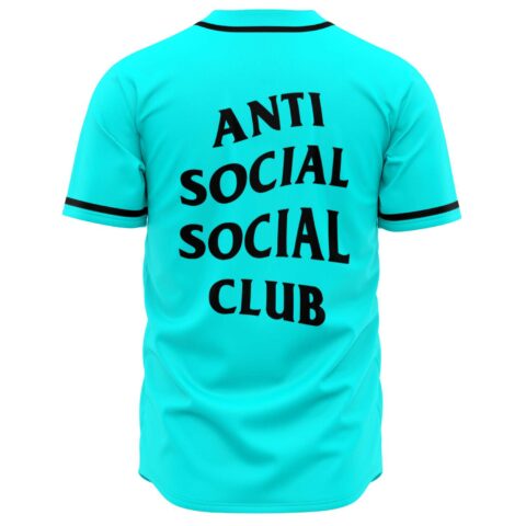 Turquoise rave baseball jersey back view with bold Anti Social Social Club lettering across shoulders