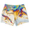 Back view of white marbled soap swirl rave swim trunks lying flat
