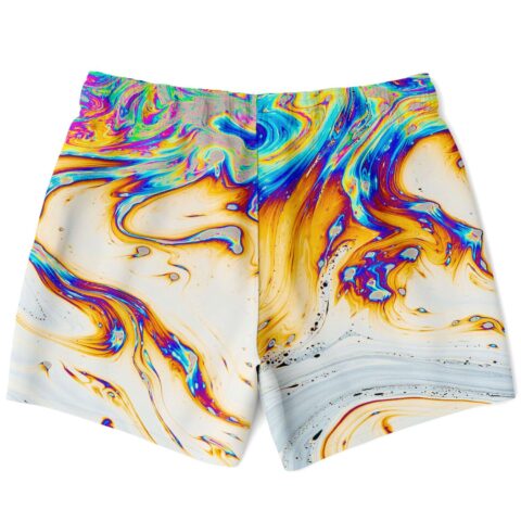 Back view of white marbled soap swirl rave swim trunks lying flat