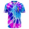 Front view of blue and pink tie dye baseball jersey with small melting cartoon graphic