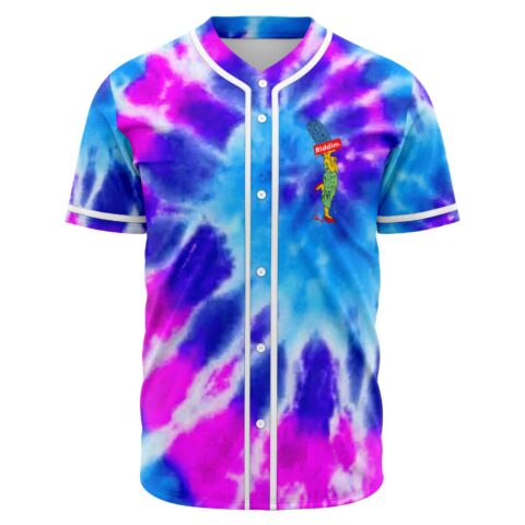Front view of blue and pink tie dye baseball jersey with small melting cartoon graphic