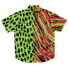 Front view of the bright green and red safari pattern rave button-down shirt