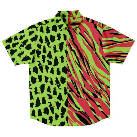 Front view of the bright green and red safari pattern rave button-down shirt