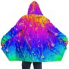 Front view of colorful rainbow rave cloak worn open
