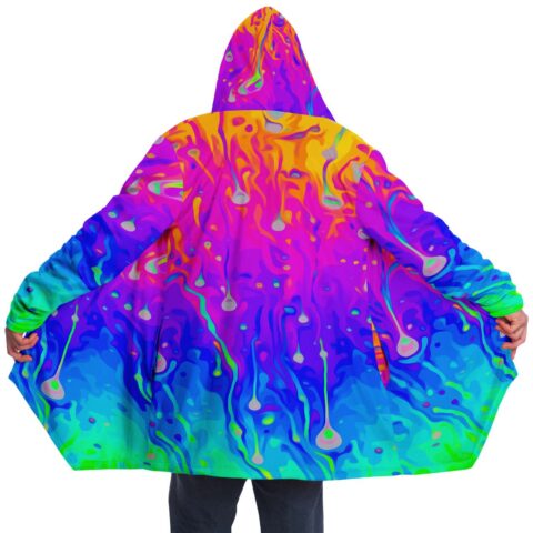 Front view of colorful rainbow rave cloak worn open