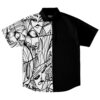 Black and white rave button-down shirt with an abstract faces artistic print