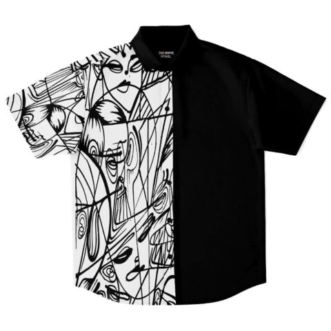 Black and white rave button-down shirt with an abstract faces artistic print