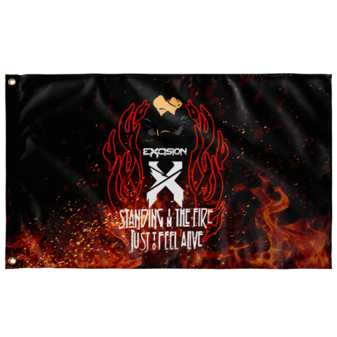 Flaming hands and X logo rave flag with Standing In The Fire Just To Feel