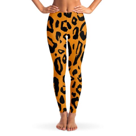 Front view of orange and black tiger stripe rave leggings