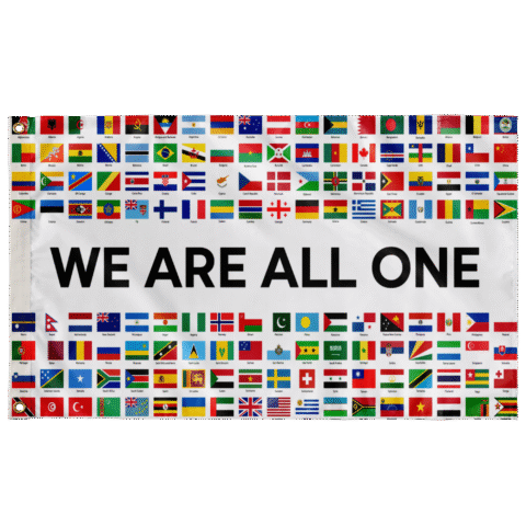 world flags grid rave flag with WE ARE ALL ONE text flat lay front view
