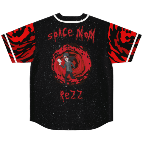 Rave baseball jersey back view with starfield print and Space Mom Rezz portal graphic