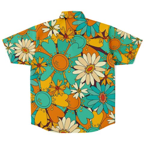 Back view of the bright sunflower rave button-down shirt