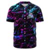 Neon paint splatter rave baseball jersey in pink and cyan on black, front view