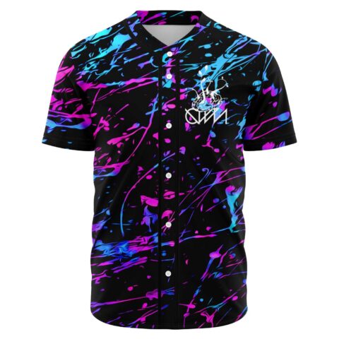 Neon paint splatter rave baseball jersey in pink and cyan on black, front view
