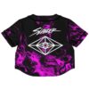 Purple smoke swirl Slander fan rave crop top with SLANDER script and diamond eye emblem, back view