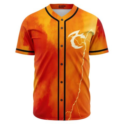 Fiery orange flames rave baseball jersey with lightning bolt and crescent moon logo front view