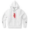 White bass-inspired rave hoodie with red slashed logo mark front view