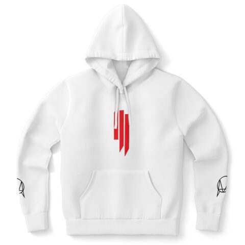 White bass-inspired rave hoodie with red slashed logo mark front view