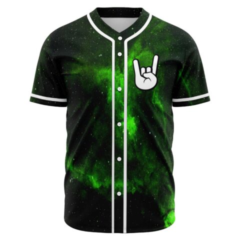 Green galaxy rave baseball jersey front view with white rock-hand icon on starry nebula print