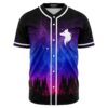 Galaxy forest silhouette rave baseball jersey with white wolf logo, front view