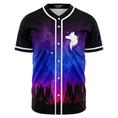 Galaxy forest silhouette rave baseball jersey with white wolf logo, front view