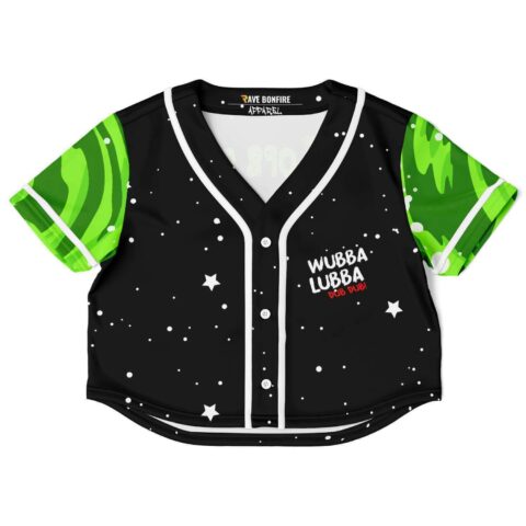 Black crop top rave jersey with green accents and starry design