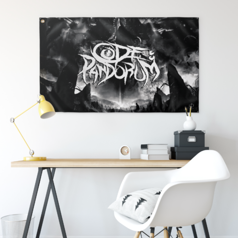 Gothic band rave flag hung above desk showing dark monochrome landscape art