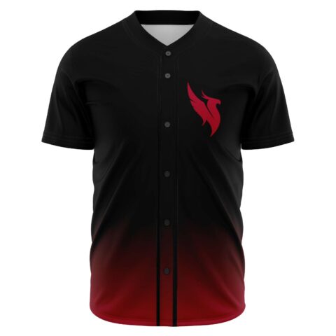 black to red ombre baseball jersey with red winged phoenix logo on chest front view