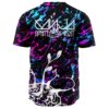 Back view of black paint splatter jersey with white vine logo and text graphic