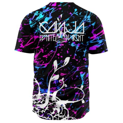 Back view of black paint splatter jersey with white vine logo and text graphic