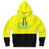 Get Schwifty splatter print hoodie in neon yellow with black color-block hem front view