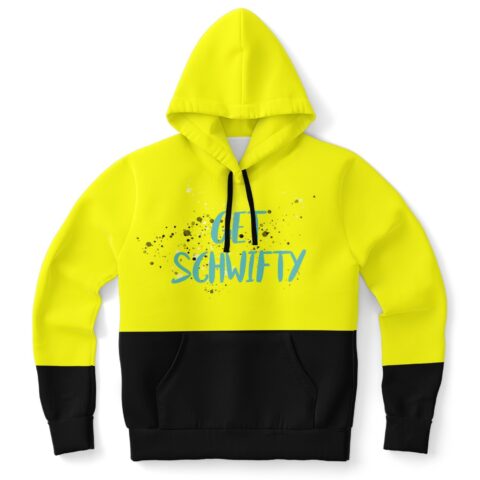 Get Schwifty splatter print hoodie in neon yellow with black color-block hem front view
