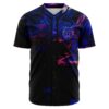 Black geometric line rave baseball jersey with blue and purple smoke swirl print, front view