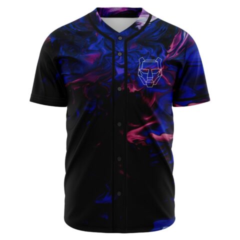 Black geometric line rave baseball jersey with blue and purple smoke swirl print, front view