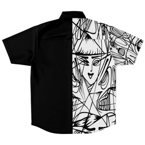 Back view of the black and white rave button-down shirt showing bold line work