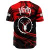 Back view of red black swirl jersey with deer skull emblem and spiked lettering