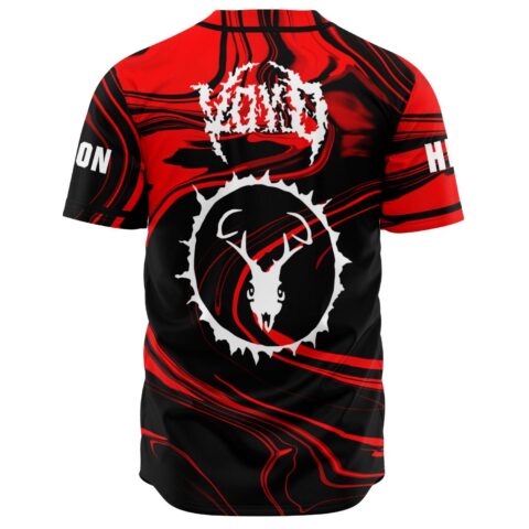 Back view of red black swirl jersey with deer skull emblem and spiked lettering