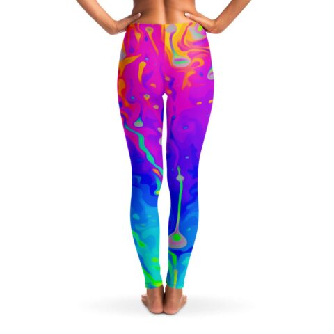 Back view of psychedelic swirl rave leggings showing fluid color transitions