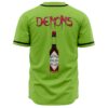 Back view of lime green jersey with red Demons text over hot sauce bottle graphic