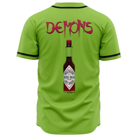 Back view of lime green jersey with red Demons text over hot sauce bottle graphic