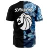 Blue rose rave jersey back view with lion emblem below Seven Lions text