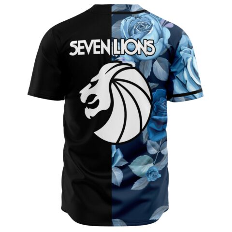 Blue rose rave jersey back view with lion emblem below Seven Lions text