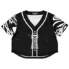 Black starfield G Jones fan rave crop top with white marble swirl sleeves and button placket, front view