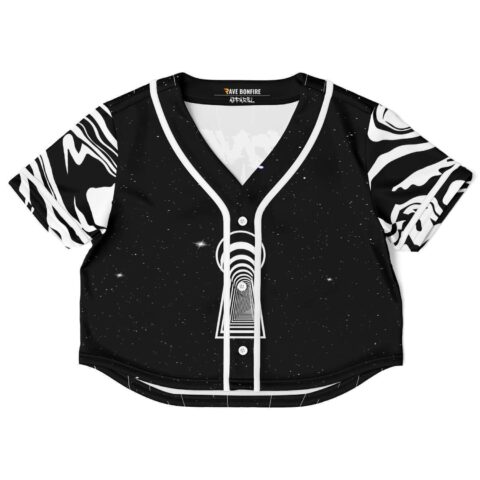 Black starfield crop jersey with white marble swirl sleeves and button placket, front view